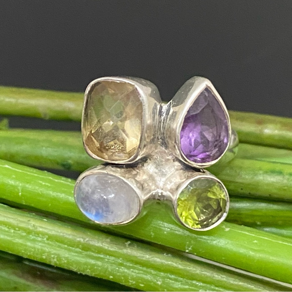 ARYA Sterling 925 Multicolored Gemstones Amethyst Peridot Opal Citrine Ring 6.75
